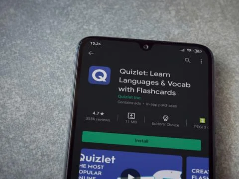 Quizlet - Language learning app play store page on the display of a black mob Stock Photos