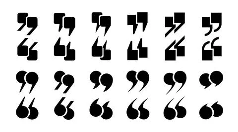 Quotation marks, a set of isolated black vector icons in the form of square Stock Illustration