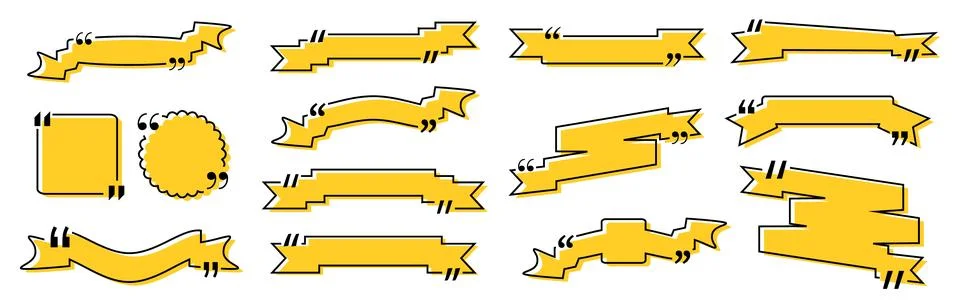 Quote box title pack isolated. Yellow ribbon style speech quotation mark frames. Stock Illustration