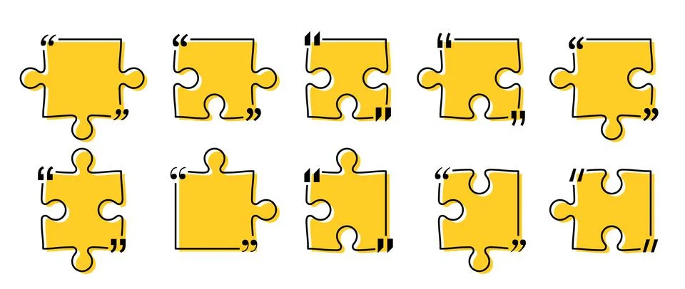 Quote box title pack isolated. Yellow puzzle style speech quotation mark frames. Иллюстрация