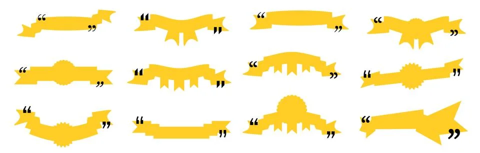 Quote box title pack isolated. Yellow ribbon style speech quotation mark frames. Иллюстрация