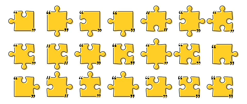 Quote box title pack isolated. Yellow puzzle style speech quotation mark frames. イラスト素材