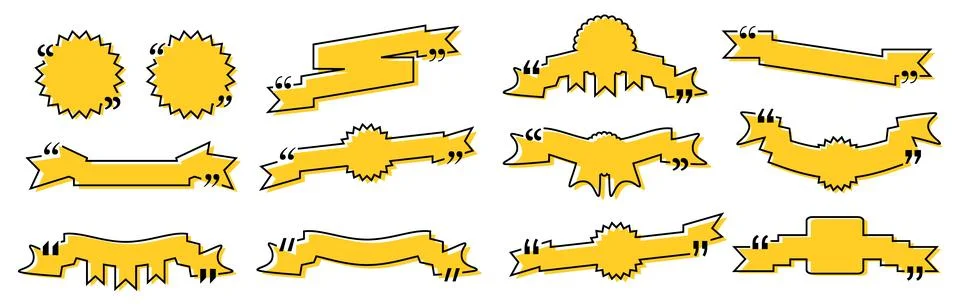Quote box title pack isolated. Yellow ribbon style speech quotation mark frames. イラスト素材