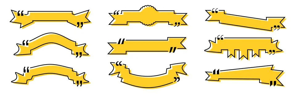 Quote box title pack isolated. Yellow ribbon style speech quotation mark frames. Stock Illustration