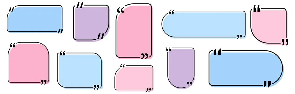 Quote box title pack isolated. Colored geometric shapes speech quotation mark Stock Illustration