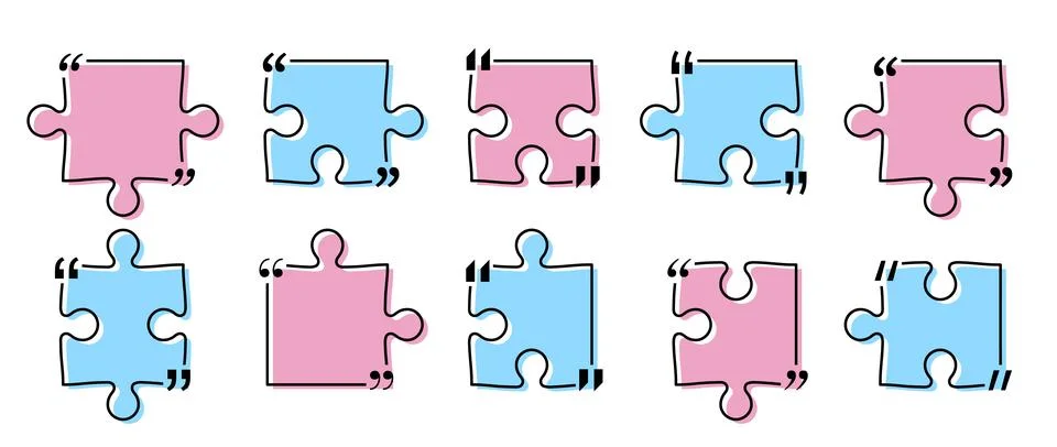 Quote box title pack isolated. Blue and pink puzzle style speech quotation mark Stock Illustration