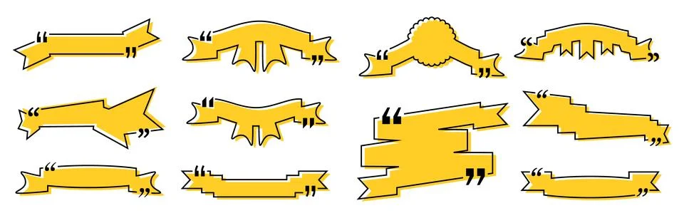 Quote box title pack isolated. Yellow ribbon style speech quotation mark frames. Stock Illustration