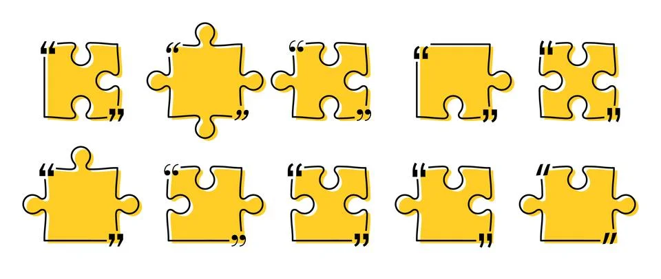 Quote box title pack isolated. Yellow puzzle style speech quotation mark frames. Stock Illustration