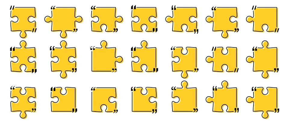 Quote box title pack isolated. Yellow puzzle style speech quotation mark frames. Stock Illustration