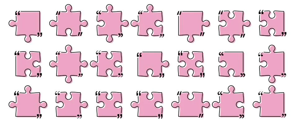 Quote box title pack isolated. Pink puzzle style speech quotation mark frames. Stock Illustration