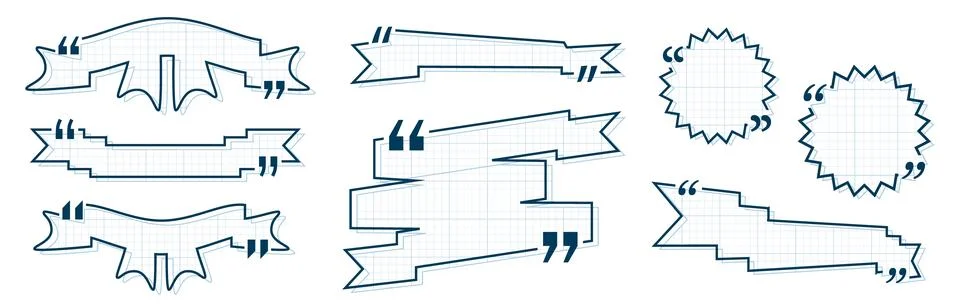 Quote box title pack isolated. Blue notepad ribbon style speech quotation mark Stock Illustration