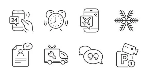 Quote bubble, Snowflake and Flight mode icons set. Parking security, Resume Stock Illustration
