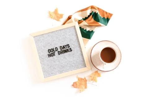 Quote Cold days hot drinks. Flatlay of letterboard Stock Photos