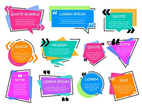 Quote text frames. Information bubbles, note message or texting block. Colorful Illustrazione stock