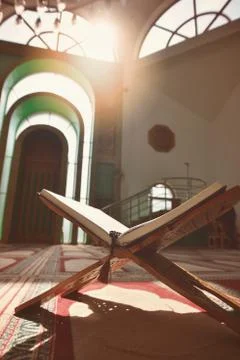 Quran in the mosque - open for prayers Stock Photos