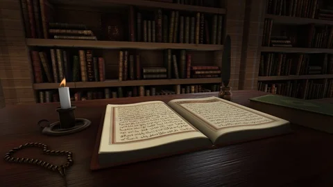 Quran on old table - 1 Stock Footage 95782990