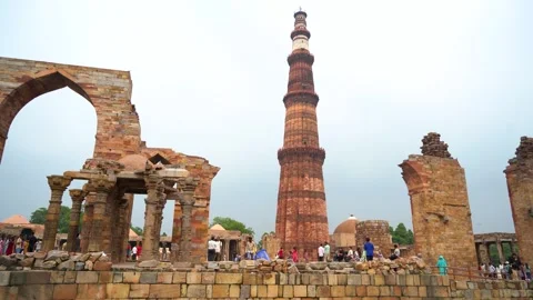 Qutub Minar Base Structure and Detailed Brickwork Stock Footage 317096166
