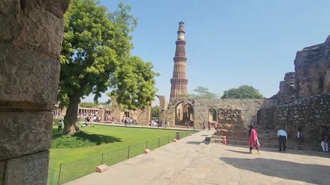 Qutub Minar Side view, New Delhi, India, Reveal, Afternoon Stock Footage 232970736
