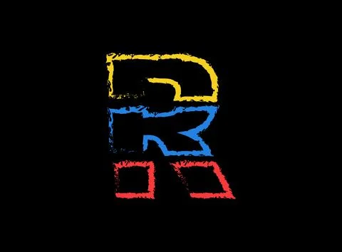 R letter hand write vector desing, brush font logo. Blue, red, yellow color o 스톡 일러스트