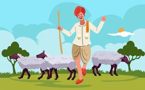 Rabari man, shepherd with flock of sheep in traditional dress Illustrazione stock