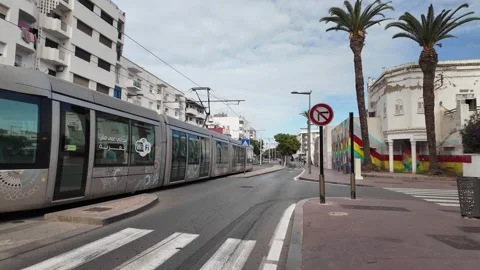 Rabat tramway passing through city streets, Morocco – October 26, 2025 Stock Footage 320071398