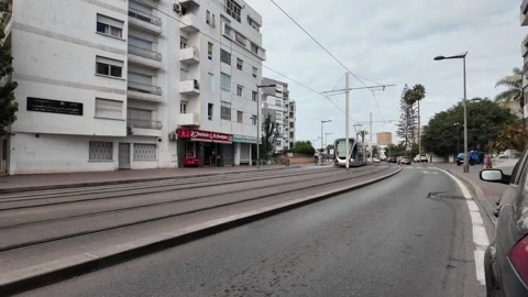 Rabat tramway passing through city streets, Morocco – October 26, 2025 Stock Footage 320071514