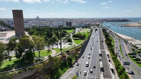 Rabat Urban Mobility with Hassan Tower, Tramway and Bouregreg River Stock Footage 346906210