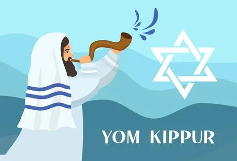 Rabbi with a tallit, Jew blowing a shofar on the horn of a ram on the day of Stock Illustration