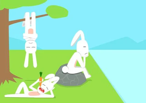 Rabbit acting in boring time, vector cartoon Stock Illustration