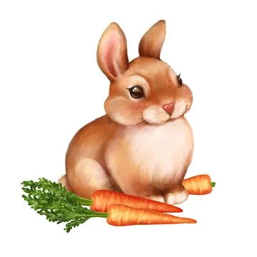 Rabbit and carrots. Cute easter illustration. Isolated on white Stock Illustration
