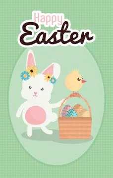 Rabbit and chick with easter eggs painted in basket Illustrazione stock