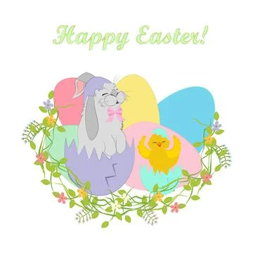 Rabbit and chick in easter eggs vector illustration Illustrazione stock