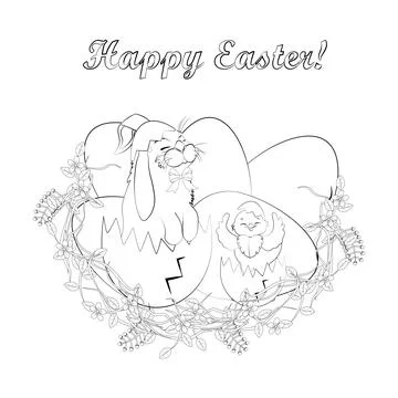 Rabbit and chick in easter eggs vector illustration outline Stock Illustration
