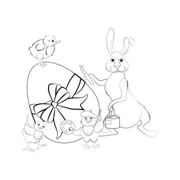 Rabbit and chicks painting easter eggs vector illustration outline 스톡 일러스트