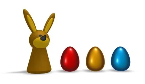 Rabbit and easter eggs on white background - 3d illustration Stock Illustration