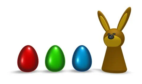 Rabbit and easter eggs on white background - 3d illustration Stock Illustration