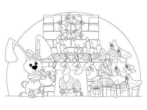 Rabbit and fire place coloring page. Isolated on white background. Stock Illustration
