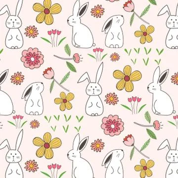 Rabbit And Flower Pattern Background. Vector Illustration. Stock Illustration