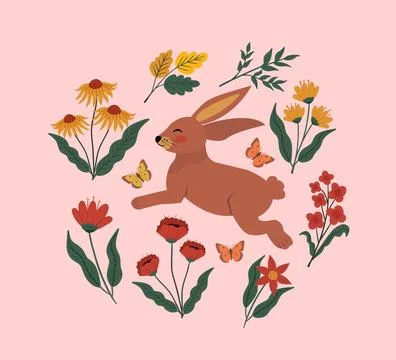 Rabbit and Flowers Childish vector illustration. Bunny Print design for Stock Illustration