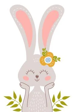 Rabbit and flowers. Vector illustration with cute smiling bunny. Stock Illustration