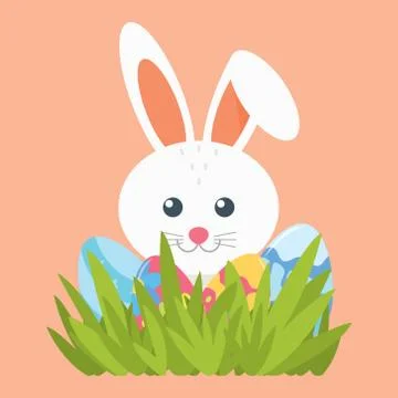 Rabbit and four Easter eggs in the grass. Element for design. Vector. Illustrazione stock