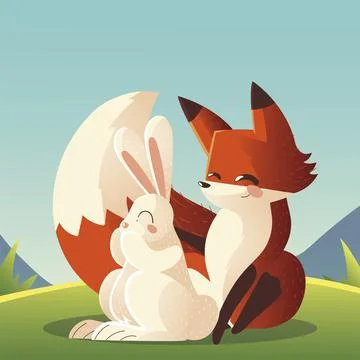 Rabbit and fox sitting in the grass cartoon animals 스톡 일러스트