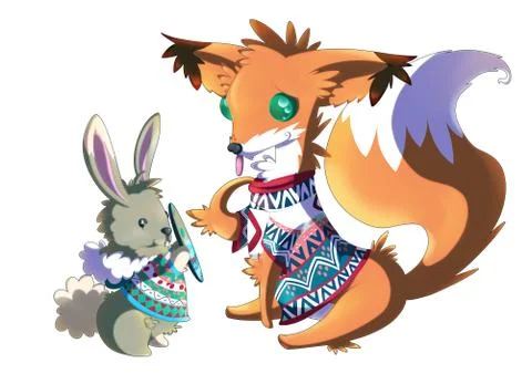 Rabbit and Fox wearing sweaters Stock Illustration