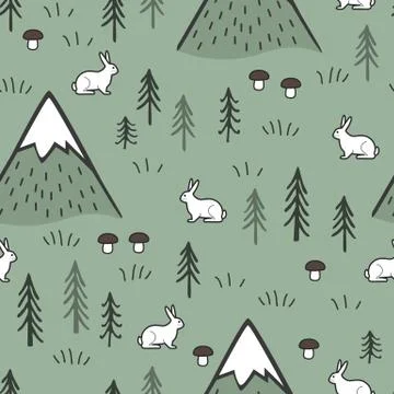 Rabbit and Mountains Seamless Pattern Background, Scandinavian Happy cute bunny Stock Illustration