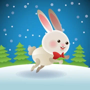 Rabbit and pine tree icon. Snowing background. Vector graphic Stock Illustration
