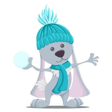 Rabbit and snow ball. Flat illustration. Isolated on white background. Stock Illustration