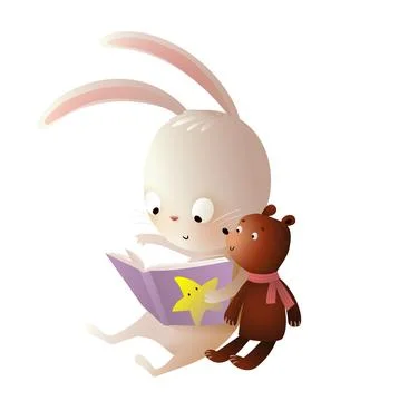 Rabbit and Teddy Bear Reading a Book Cartoon Stock Illustration