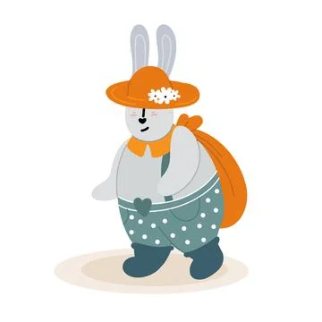 Rabbit with a backpack and a hat isolated on white background Stock Illustration