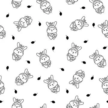 Rabbit with bag. Seamless pattern. Coloring Page. Stock Illustration