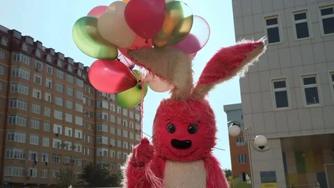 Rabbit with baloons birthday Stock Footage 81776510
